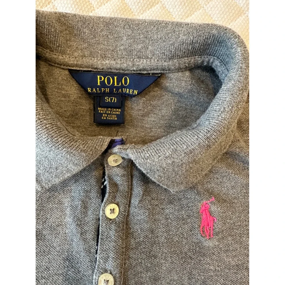 Polo Ralph Lauren Girls Gray Ruffle Hem Polo Dress Pink Pony Size S 7